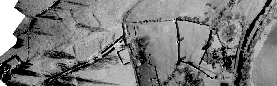Black and white aerial of kells showing earthworks of the lost medieval town.