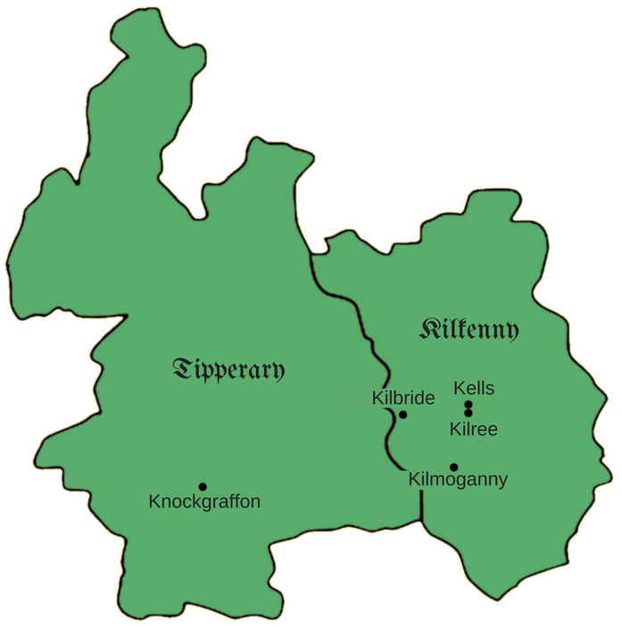 Counties of Kilkenny and Tipperary with town locations marked.