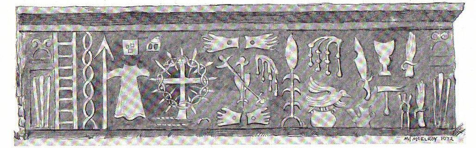 Drawing of the side of a highly decorated tomb.